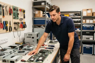 Technicien informatique dans un atelier de dépannage en Maine-et-Loire avec des ordinateurs en réparation