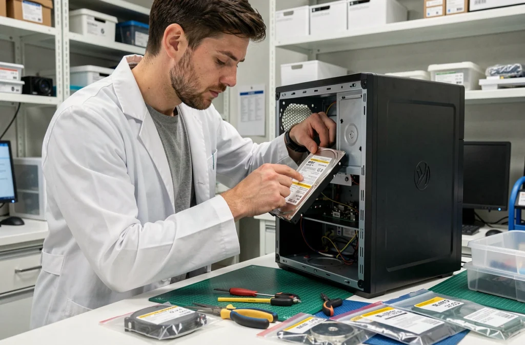 Technicien d'ERC Informatique retirant un disque dur d'un ordinateur sur un établi antistatique dans un atelier