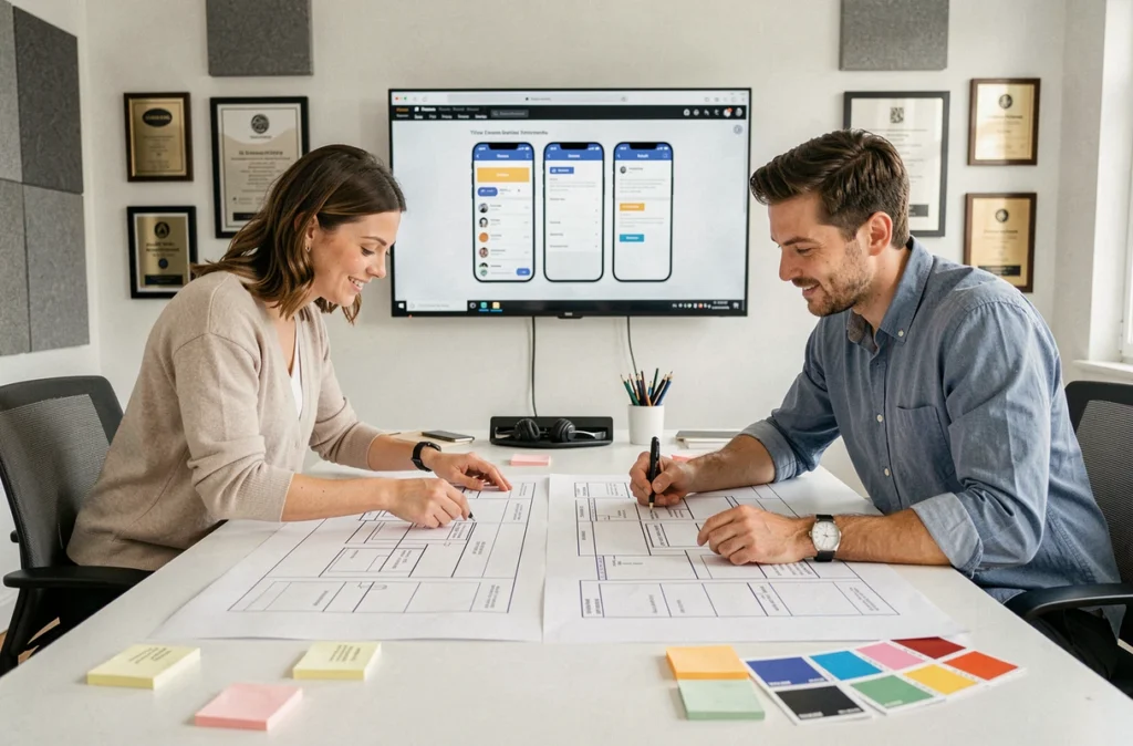 Équipe de designers UX/UI de l'agence Esilab collaborant sur des maquettes de sites web sur-mesure