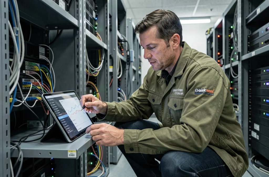 Technicien de FM Services intervenant sur un rack serveur dans la salle informatique d'une petite entreprise