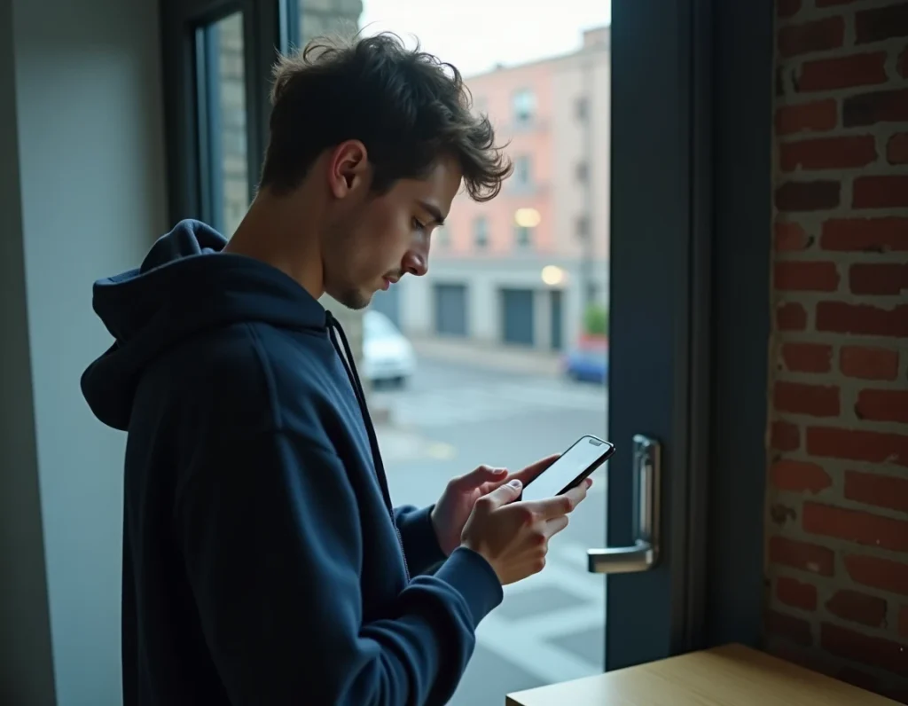 Jeune homme partageant un album Amazon Photos en sécurité depuis son smartphone dans un appartement minimaliste