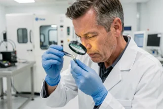 Ingénieur inspectant un micro-composant de précision dans un environnement de fabrication sous-traitance haute technologie