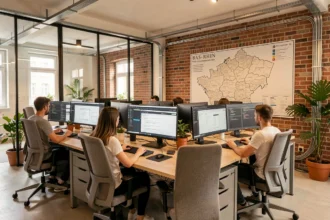 Vue panoramique d'une agence de développement web moderne dans le Bas-Rhin avec des développeurs travaillant sur des postes informatiques