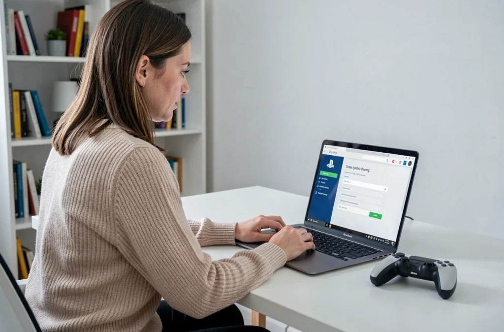 Femme configurant le partage de compte PS5 sur un ordinateur portable dans un bureau à domicile