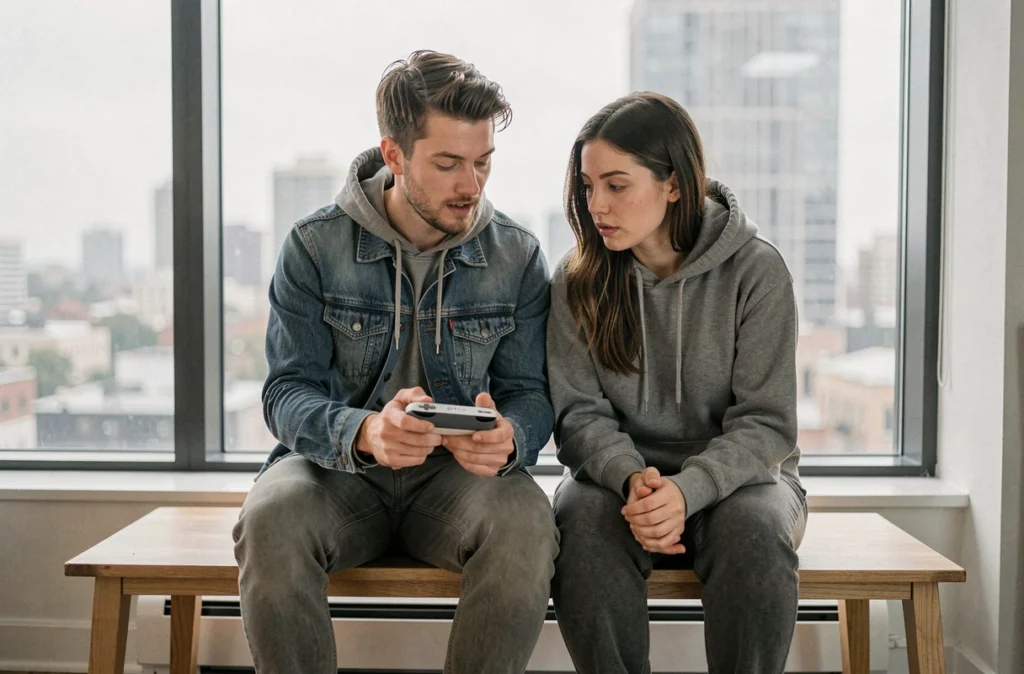 Deux amis partageant une session de jeu sur PS Portal en streaming dans un appartement urbain moderne