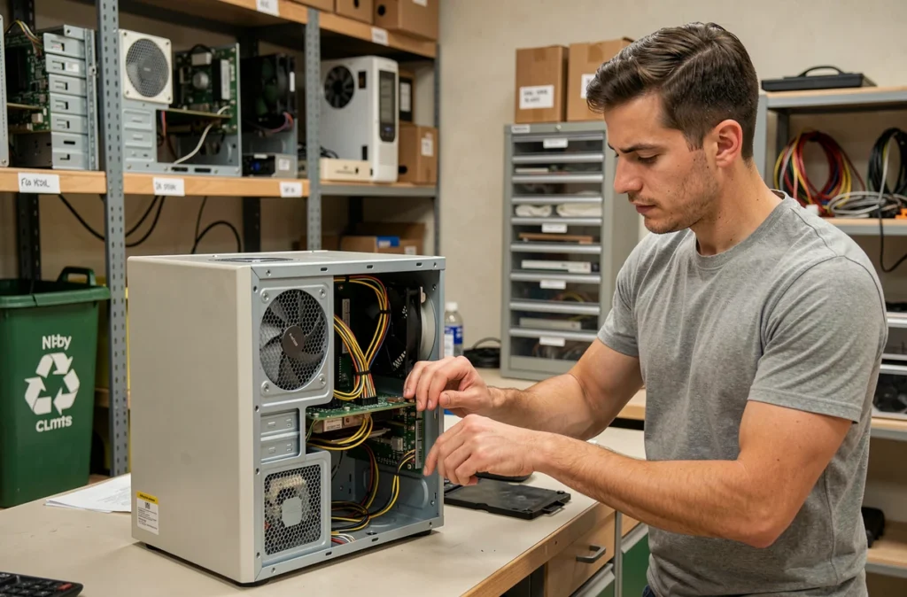 Technicien de Pc2ndeVie inspectant un ordinateur reconditionné dans un atelier de réparation informatique