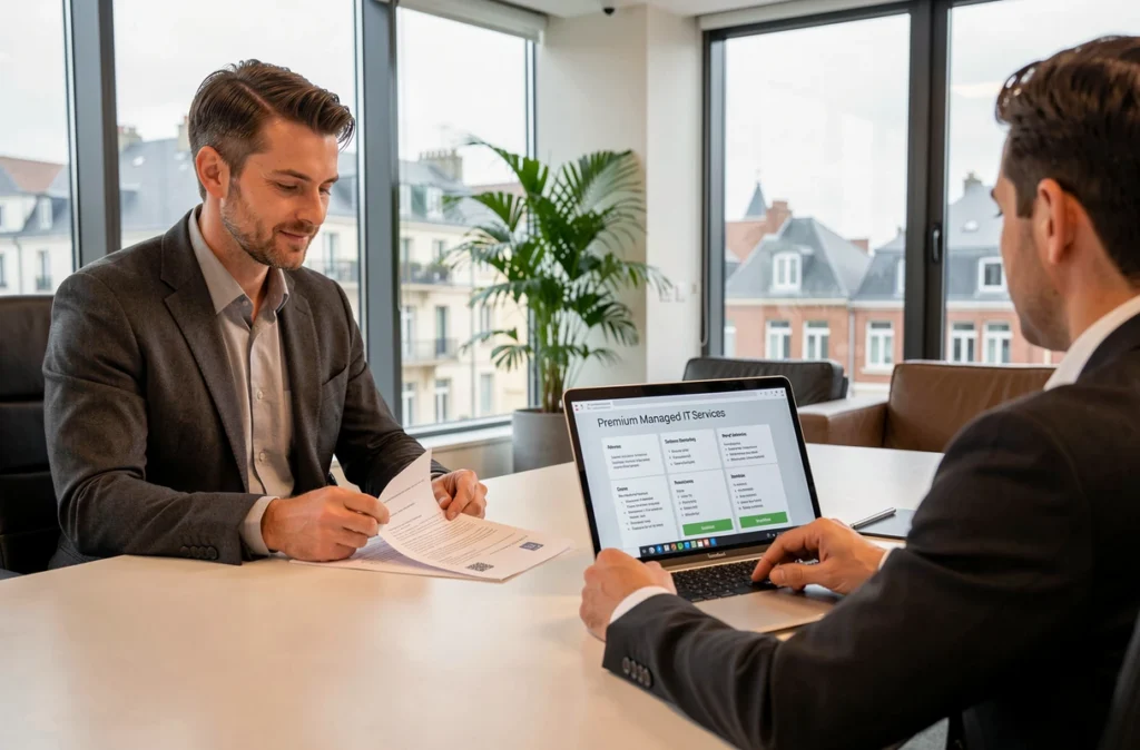Professionnel de Premium SAS présentant un contrat de services informatiques à un client dans une salle de réunion
