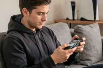 Homme jouant sur une PS Portal en streaming cloud depuis son salon avec une PS5 en arrière-plan