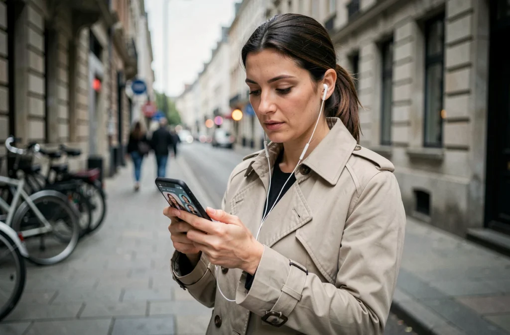 Femme regardant des stories Instagram anonymement sur son téléphone dans une rue urbaine européenne