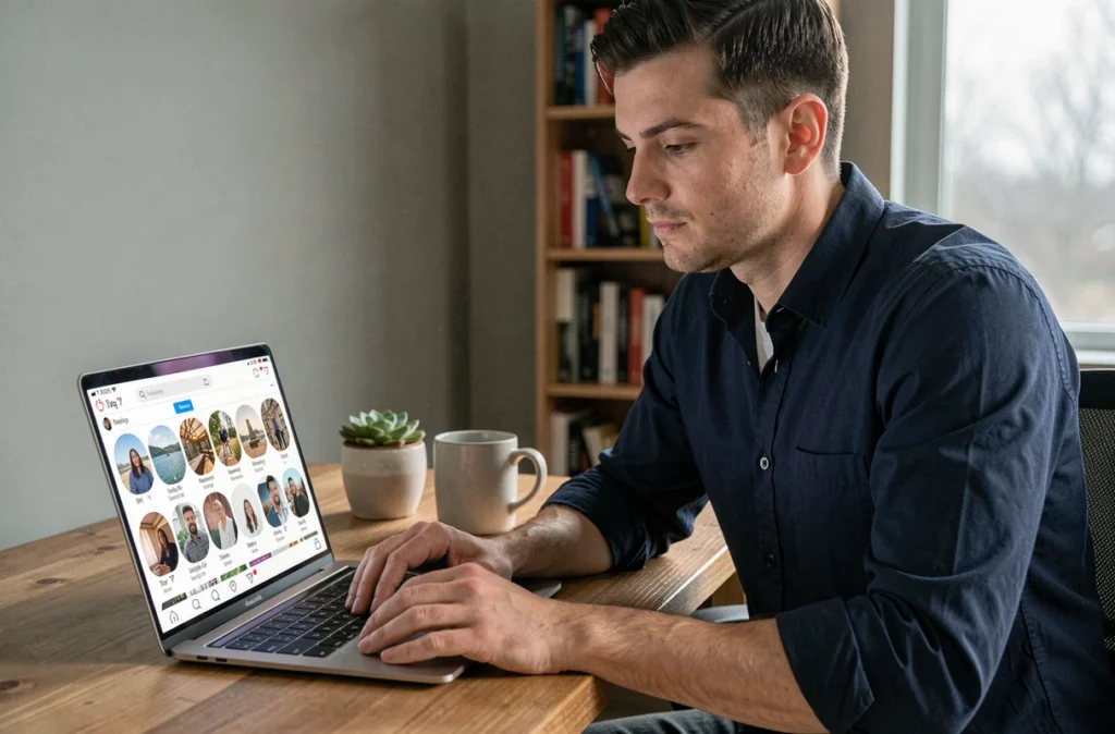 Homme consultant des stories Instagram en série sur un ordinateur portable dans un bureau à domicile
