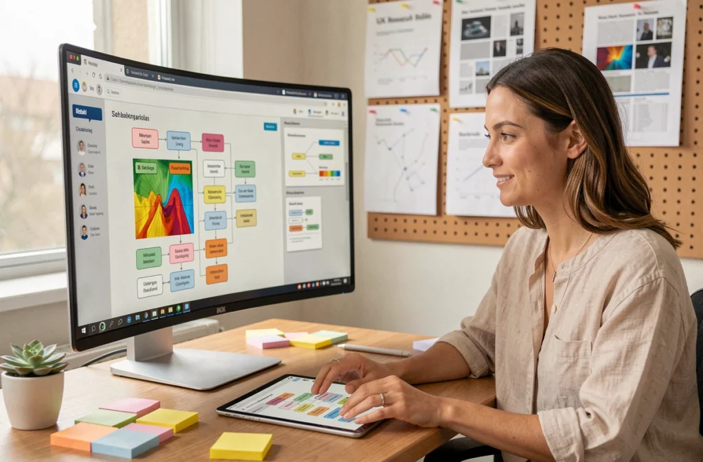 Designer UX du Studio Meta analysant des parcours utilisateurs et prototypes interactifs pour optimiser l'expérience digitale