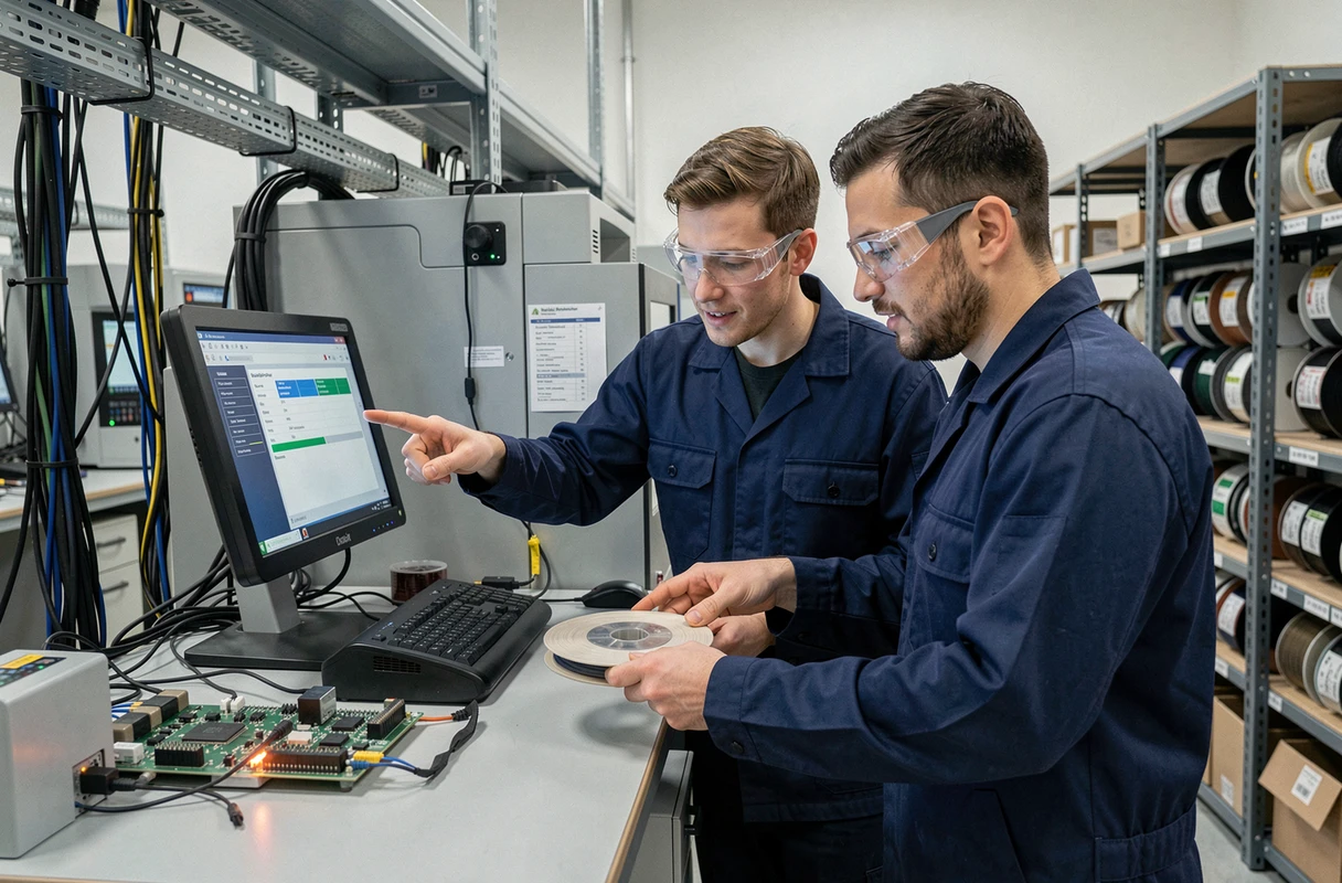 Deux techniciens collaborant sur une ligne d'assemblage PCB automatisée dans un atelier de sous-traitance électronique