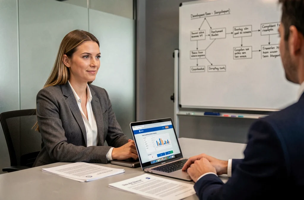 Consultante de l'agence Tiz accompagnant un client avec une approche combinant développement web, business et conseils juridiques